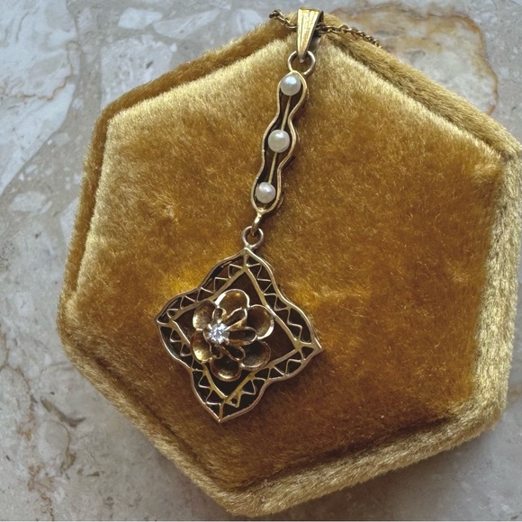 Antique Victorian Lavalier Diamond Pearl Pendant Necklace - Picture 5 of 7